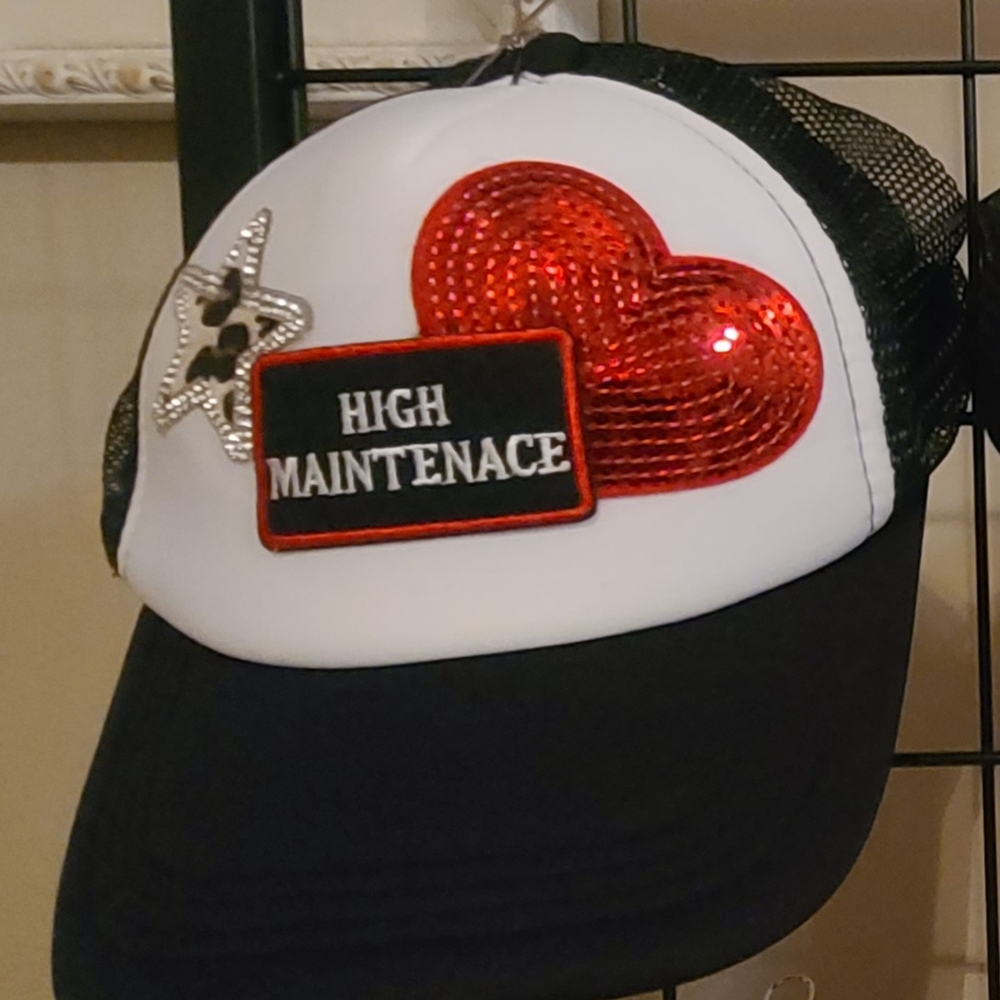 High Maintenance Black and White Trucker Cap with Red Heart